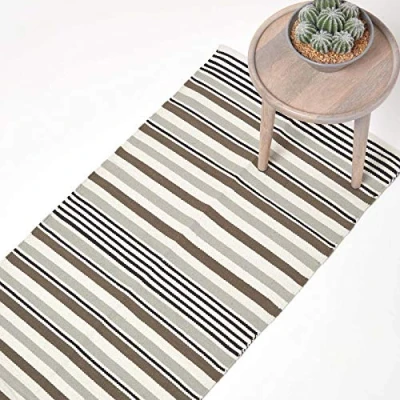 Afbeelding van Homescapes Zwart en grijs gestreept katoenen vloerkleed 66 x 200 cm