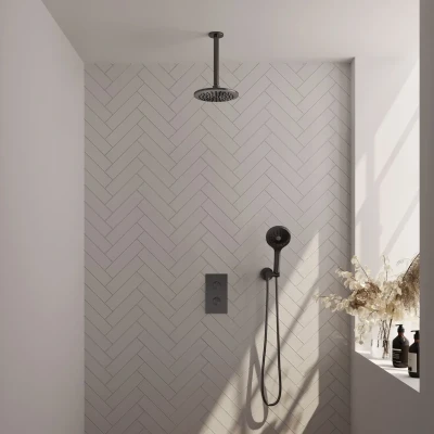 Afbeelding van Brauer Gunmetal Carving Regendoucheset inbouw hoofddouche 20cm plafondarm 2 functies inclusief inbouwdeel handdouche Rond 3 standen