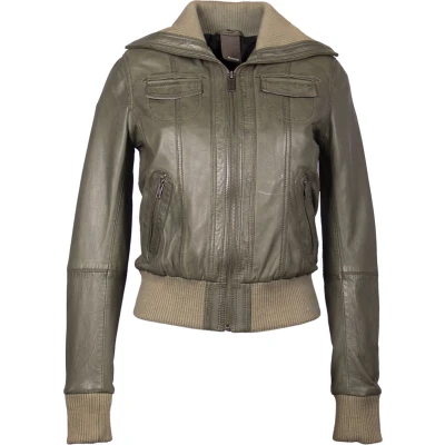 Afbeelding van Leren bomber dames jas olijf groen bomberdina XS