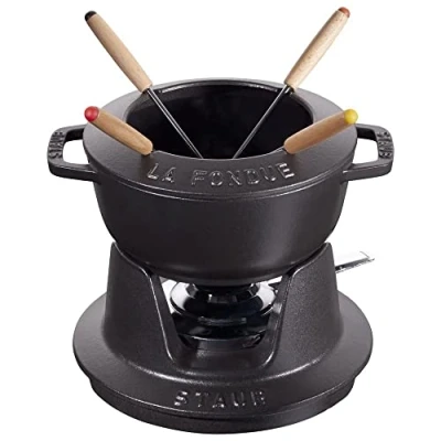 Afbeelding van STAUB Fondueset van 4 vorken, geschikt voor kaas , chocolade en vleesfondue, gietijzer, zwart, 16 cm
