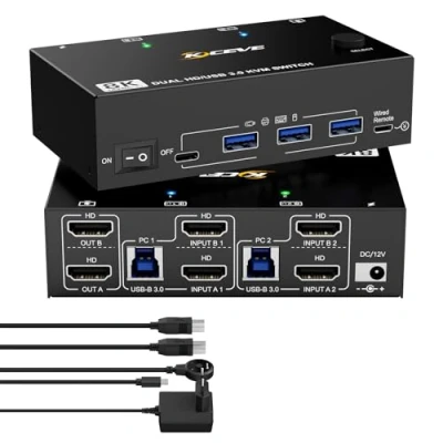 Afbeelding van KVM switch 2 PC monitoren HDMI 8K @60Hz, YOUTINGHDAV USB 3.0 4K @120Hz, Dual Monitor 2.1 delen muis toetsenbord, met kabels en kabelafstandsbediening