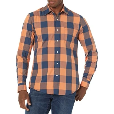 Afbeelding van Amazon Essentials Slim fit lange mouwen geruite overhemd knop, blauw/oranje buffel,