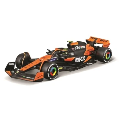 Afbeelding van Bburago McLaren MCL38#4 Lando Norris, Schaal 1:43, Diecast Model met Helm en Vitrinekast, Officiële Livery 2024, Realistische Details, Licentie, Leeftijd 14+