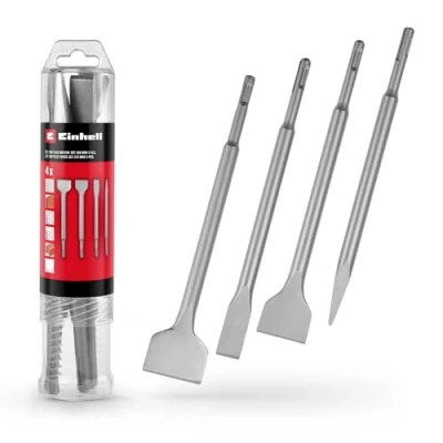 Afbeelding van Originele Einhell 4 delige SDS Plus beitelset, 250 mm (met puntbeitel, 20 platte beitel, 40 spadbeitel, 50 tegelbeitel van duurzaam 40Cr staal voor sloop en renovatiewerkzaamheden)