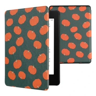 Afbeelding van kwmobile E reader hoesje geschikt voor Amazon Kindle Paperwhite 11. Generation 2021 hoes flip case met magnetische sluiting Ereader cover Pompoentjes design in oranje / groen lichtgroen