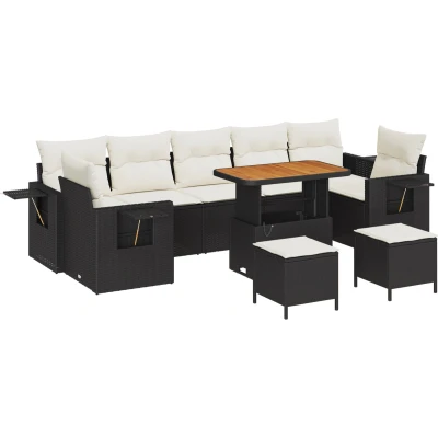Afbeelding van vidaXL 10 delige Tuin Sofa Set met Kussens Zwart Poly Rattan Acacia, 3 Eetset Acacia
