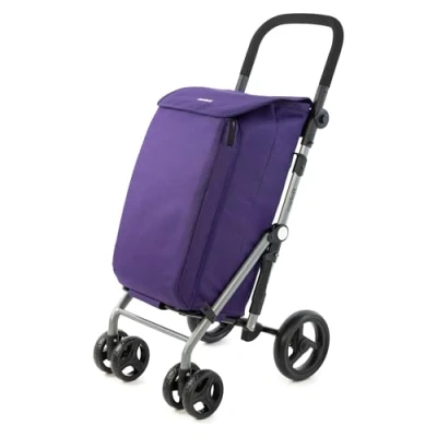 Afbeelding van Carlett Lite Duo Lett430 Boodschappentrolley, opvouwbare winkelwagen voor supermarkt, 4 wielen, verstelbaar stuur en veiligheidsrem, uittrekbare tas 48 l, koeltas 10 violet