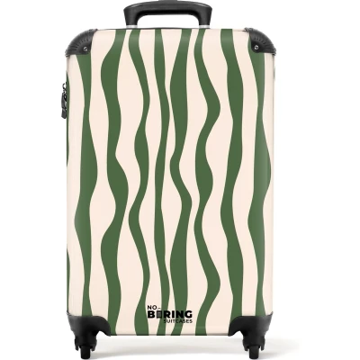 Afbeelding van NoBoringSuitcases.com® Handbagage koffer lichtgewicht Reiskoffer trolley Beige met groene lijnen Rolkoffer wieltjes Past binnen 55x40x20 en 55x35x25