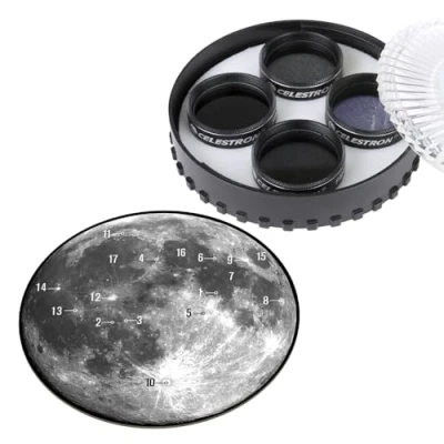 Afbeelding van Celestron 94315 Maanfilterpakket geschikt voor 1,25&quot; telescoopoculairs, met maan en luchtschitteringsfilter, 3 neutraal opaciteitsfilters, draaghoes maankaart, Zwart