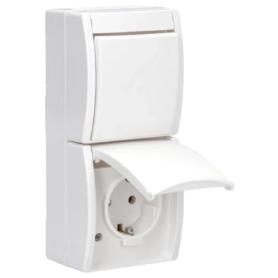 Afbeelding van Abb busch jaeger combinatie wandcontactdoos randaarde wipschakelaar wissel opbouw ocean ip44 alpinwit 2cka001684a0327