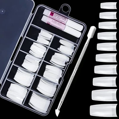 Afbeelding van 100 stuks kunstnagels, natuurlijke tips met lijm en nagelriemschuiver, voor vrouwen meisjes, 10 maten