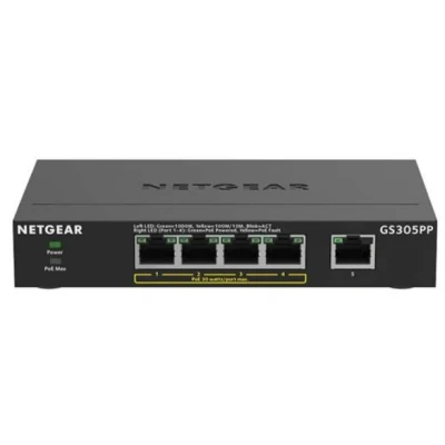 Afbeelding van NETGEAR 5 poorts Gigabit Ethernet Unmanaged PoE+ Switch (GS305PP): met 4 bij 83 W, desktop of wandbevestiging
