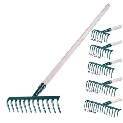 Afbeelding van KADAX hark van metaal, platte met steel hout, bladbezem voor tuin, bloembed, bladbreken, gazonhark, groen, tuingereedschap, hooikoork, (12 tanden)