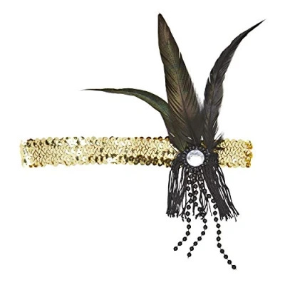 Afbeelding van Widmann Hoofdband Pailletten Goud Met Veren En Parels Carnavalskleding Verkleedkleding