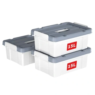 Afbeelding van Cetomo Opbergbak met deksel en handvat, draagtas organisatiecontainer duurzaam veilige sluitgespen, stapelbaar nestbaar, kunststof, 16 kwart 3 stuks, wit