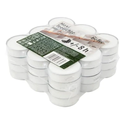 Afbeelding van Hofer Theelicht Maxi Kaarsen 36 Stuks Groot 57mm Wax En Druipvrije Duur 8 Uur Natuurlijke Witte Ongeparfumeerde Set Van