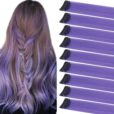 Afbeelding van ZHAOWWEI 9 PCS Princess Colorful Extensions Multi Colors Party Highlights Streak Synthetic Hairpieces Clip In/Clip On Colored Hair Extensions(lavender)