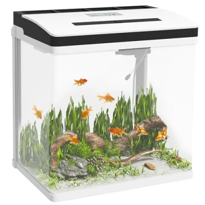 Afbeelding van PawHut Glazen aquarium met filter, deksel en ledlicht voor vissen, inhoud 28 l, 38 x 26 39,5 cm, wit