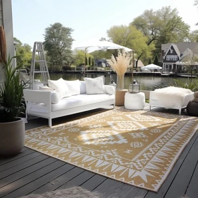 Afbeelding van Elle Decoration Indoor en outdoor tapijt, omkeerbaar weerbestendig waterdicht, modern geometrisch patroon, ruitpatroon, outdoortapijt voor tuin, balkon, terras woonkamer, oker, 120 x 170
