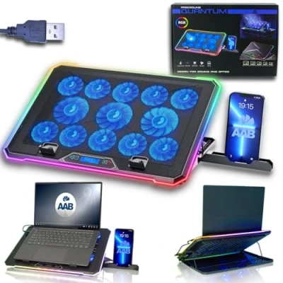 Afbeelding van AABCOOLING QUANTUM Laptop Koeler RGB 9&quot; 17&quot; inch met Telefoonhouder, 13 Stille en Efficiënte Ventilatoren, 9 Hoogteniveaus, Smartphone Stand, Koelerpad, Notebook Chiller, Gaming Cooling Pad, LCD