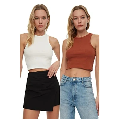 Afbeelding van Trendyol Kaki Beige, 2 Pack, Aansluitend Cropped Halternek, Geribd Elastisch Gebreid Onderhemd Twoss21Al0058