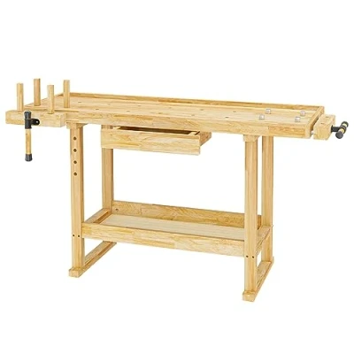 Afbeelding van Werkbank 145x49x86cm hout (Rubberwood) met schuiflade, opbergbak, spantangen en bankschroeven