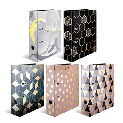 Afbeelding van HERMA 7178 ordner A4 glanzend assortiment, 5 stuks, 7 cm breed, motief van karton met glitterafwerking voor school en kantoor, stevige kinderringmappen, set jongens meisjes