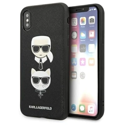 Afbeelding van Karl Lagerfeld KLHCI65SAKICKCBK hoesje voor iPhone XS Max Zwart Harde Case Saffiano Karel &amp; Choupette Head