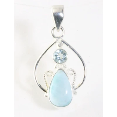 Afbeelding van Opengewerkte zilveren hanger met larimar en blauwe topaas