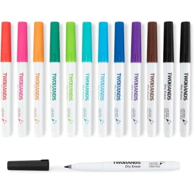 Afbeelding van Ultra Fine Tip Whiteboard Markers, TWOHANDS 12 Pack Droogwisser Uitwisbare Whiteboardpennen, 0,7 mm Vilt Whiteboardstiften,Planner voor Kantoor Thuis,set van 11 kleuren,20529