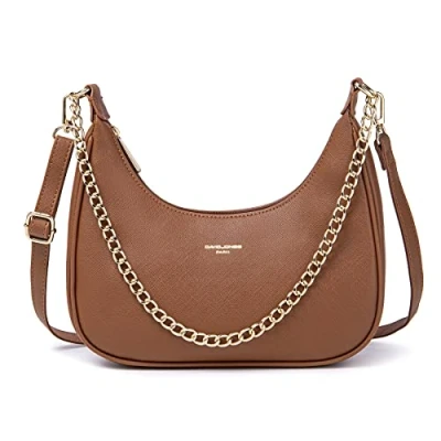 Afbeelding van David Jones Handtas met schouderriem, heuptas, dames, tas kettingen, kunstleer, stijf, onder de schouder, arm, tas, stadstas, modieus, elegant, Cognac bruin, Eén maat, Elegant