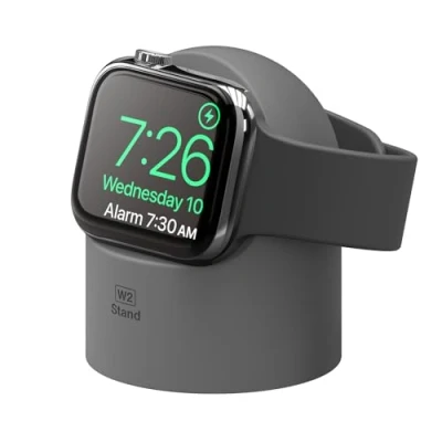 Afbeelding van elago W2 Opladerstandaard compatibel met alle Apple Watch Series Ultra/8/SE2 (2022)/7/6/SE/5/4/3/2/1 (49,45,44,42,41,40,38mm), oplaadstation, nachtkastmodus, kabel NIET inbegrepen (donkergrijs)