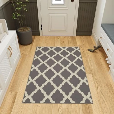 Afbeelding van Machine wasbaar Marokkaans latwerkontwerp, antislip rubberback 3x5 traditioneel tapijt voor binnen, slaapkamer, keuken, 3 &#039;3 &quot;x 5&#039;, grijs