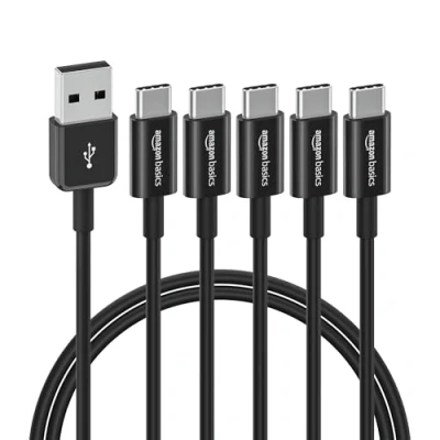 Afbeelding van Amazon Basics USB C naar A 2.0 Snellaadkabel, 5 stuks, snelheid van 480 Mbps, IF gecertificeerd, voor Apple iPhone 15, iPad, Samsung Galaxy, Tablets, Laptops, 0,91 meter, zwart