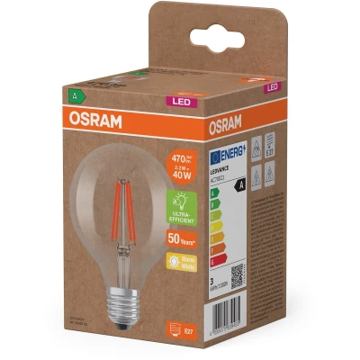 Afbeelding van Osram LED lamp in classic globe shape, with decorative filament, energy efficiency class A, E27, 5 W, 1055 lm, 2700 K, warm white. 100% light straight away, no warming up. Low flickering