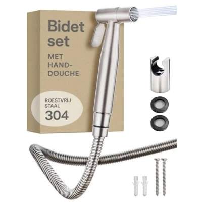 Afbeelding van Bidet Set met Handdouche, Slang en Houder 𝗥𝗼𝗲𝘀𝘁𝘃𝗿𝗶𝗷 𝗦𝘁𝗮𝗮𝗹, Inclusief 2 Dichtingen Hygiënische Douche voor WC Badkamer