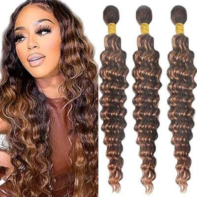 Afbeelding van Tuheers Extensions Human Hair Bundles Deep Wave Double Weft 3 100g/PC 300g Total Braziliaans haar P430 Highlight Brown 26 Inches