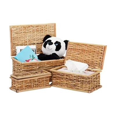 Afbeelding van Relaxdays manden set 3 stuks rotan met deksel opbergmanden gevlochten opbergkist