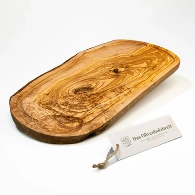 Afbeelding van das Olivenholzbrett® Olijfhouten snijplank met sapgoot, serveerplank van olijfhout, steakplank, natuurlijke snede, ca. 30 34 cm lang, 15 16 breed, 2 dik