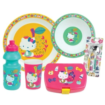 Afbeelding van Hello Kitty kinderserviesset met 1 glas 220 ml, diep bord Ø 16 cm, 22 fles 350 lunchbox en 2 deksels, hoogte 13,5 herbruikbaar servies