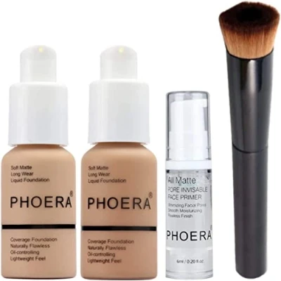 Afbeelding van Phoera Foundation Make upset met volledige dekking Inclusief Buff Beige &amp; Sand 30ml Matte Foundation, 6ml Face Primer Liquid Brush voor eenvoudige toepassing