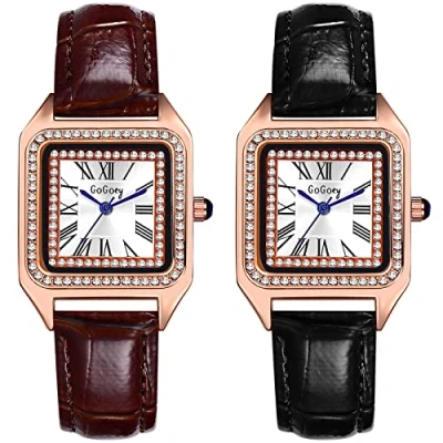 Afbeelding van JewelryWe Dameshorloge, analoog kwartshorloge, klassiek business casual horloge met leren armband voor vrouwen en meisjes, Type 4 rechthoek, 2 stuks, Riemen.
