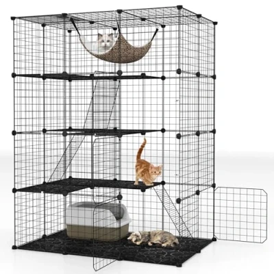 Afbeelding van COSTWAY Kattenkooi 4 verdiepingen, grote kattenren met hangmat, 3 ladders, deuren en dakraam, afneembare kennel, metalen draadkooi voor katten, kleine dieren binnen, zwart (109,5 x 74 142 cm)