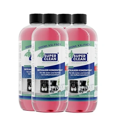 Afbeelding van SUPER CLEAN Universele ontkalker voor koffiemachines, waterkokers en douches, 4 x 1000 ml, alle machines merken, 40 ontkalking, effectieve vloeibare koffiezetapparaten,