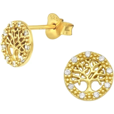 Afbeelding van JoyS Zilveren ronde oorbellen levensboom 8 mm zirkonia 14k goudplating