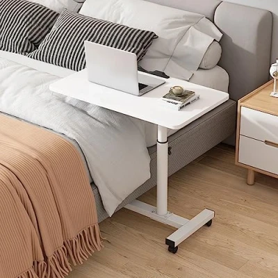 Afbeelding van SOUNAY Bijzettafel bed, C vorm, bijzettafel, in hoogte verstelbaar, met wielen van hout en metaal, verzorgingstafel voor kleine bank, wit, zijtafel woonkamer,