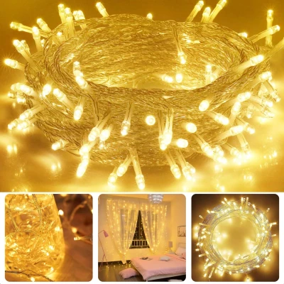 Afbeelding van Cheqo LED Lichtsnoer Kerstverlichting Kerstlampjes Kerstboomverlichting 120 LED&#039;s Warm Wit 9m Transparant Snoer Timerfunctie