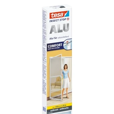 Afbeelding van tesa Insect Stop ALU Comfort Vliegenhordeur Aluminium frame en Clear View Muggenbescherming zonder boren Vliegengaas deur Antraciet 100 cm x 220