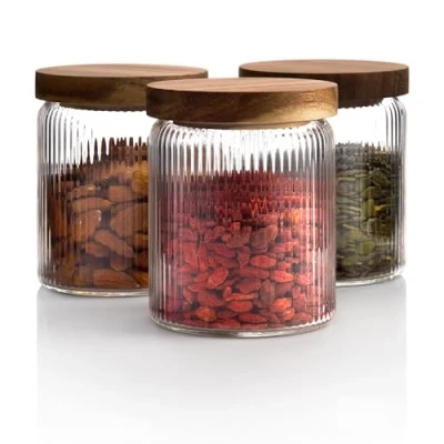 Afbeelding van Mason &amp; Fable geribbelde glazen potten, stapelbaar en luchtdicht houten deksel voorraadbussen voor koekjes, thee of suiker, keuken, voorraadkast, bar badkamer 800 ml, set van 3