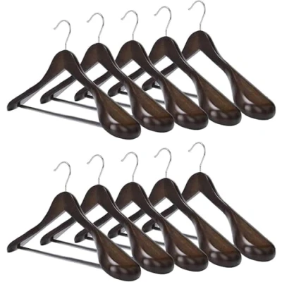 Afbeelding van Kleerhangers van massief hout met extra brede schouders, antislip, voor overhemden, mantels, jassen, broeken, pakken, 360 draaibare haak (walnootkleur, 20 stuks)